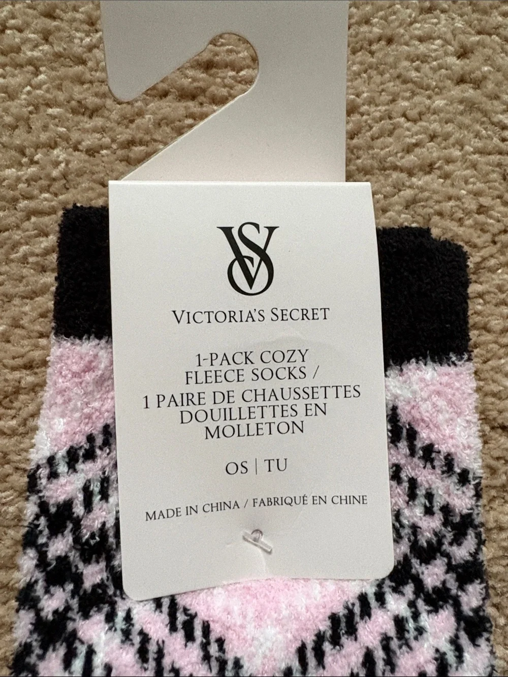 Victoria's Secret Pink & Black Plaid Fuzzy Slipper Socks with Rubber Bottom Pads